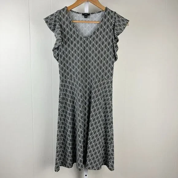 Ann Taylor Factory Petite Dress Gray Chain Link Print Ruffle Sleeve Womens XXSP - Picture 1 of 7
